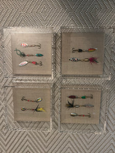 Fishing lures in 6”X6” acrylic box